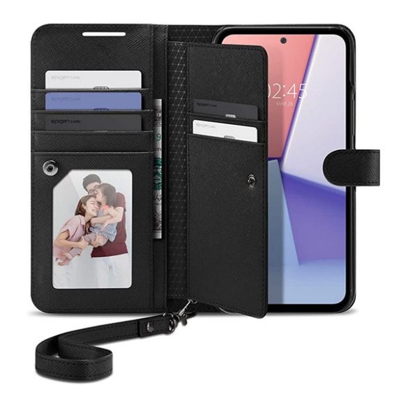 SPIGEN WALLET S PLUS tok álló, bőr hatású (FLIP, oldalra nyíló, textil minta) FEKETE Samsung Galaxy A54 5G (SM-A546)