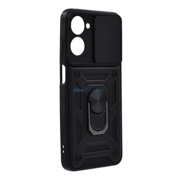 Defender műanyag telefonvédő (közepesen ütésálló, szilikon belső, telefontartó gyűrű, kamera védelem) FEKETE Realme 10