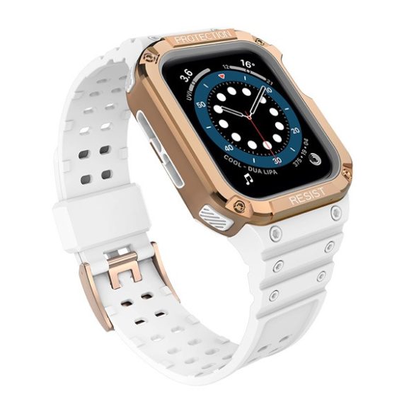 Pótszíj (egyedi méret, szilikon, közepesen ütésálló, állítható + szilikon keret) FEHÉR / ROZÉARANY Apple Watch Series 7 41mm, Apple Watch Series SE 2 40mm, Apple Watch Series 2 38mm, Appl
