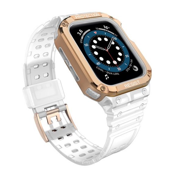 Pótszíj (egyedi méret, szilikon, közepesen ütésálló, állítható + szilikon keret) ÁTLÁTSZÓ / ROZÉARANY Apple Watch Series 7 41mm, Apple Watch Series SE 2 40mm, Apple Watch Series 2 38mm,