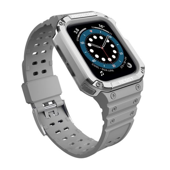 Pótszíj (egyedi méret, szilikon, közepesen ütésálló, állítható + szilikon keret) SZÜRKE / EZÜST Apple Watch Series 7 45mm, Apple Watch Series SE 2 44mm, Apple Watch Series 1 42mm, Apple W