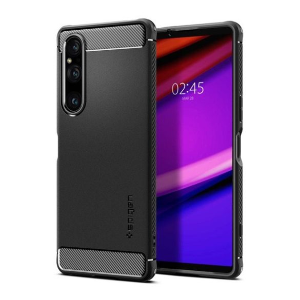 SPIGEN RUGGED ARMOR szilikon telefonvédő (közepesen ütésálló, légpárnás sarok, karbon minta) FEKETE Sony Xperia 1 V (XQ-DQ72)