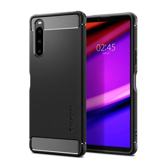 SPIGEN RUGGED ARMOR szilikon telefonvédő (közepesen ütésálló, légpárnás sarok, karbon minta) FEKETE Sony Xperia 10 V (XQ-DC54)