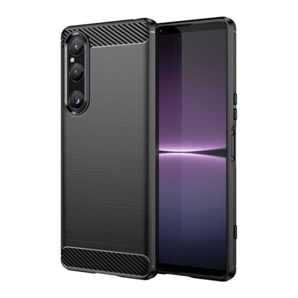 Szilikon telefonvédő (közepesen ütésálló, légpárnás sarok, szálcsiszolt, karbon minta) FEKETE Sony Xperia 1 V (XQ-DQ72)