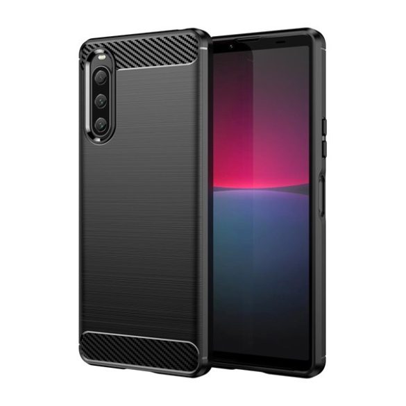 Szilikon telefonvédő (közepesen ütésálló, légpárnás sarok, szálcsiszolt, karbon minta) FEKETE Sony Xperia 10 V (XQ-DC54)