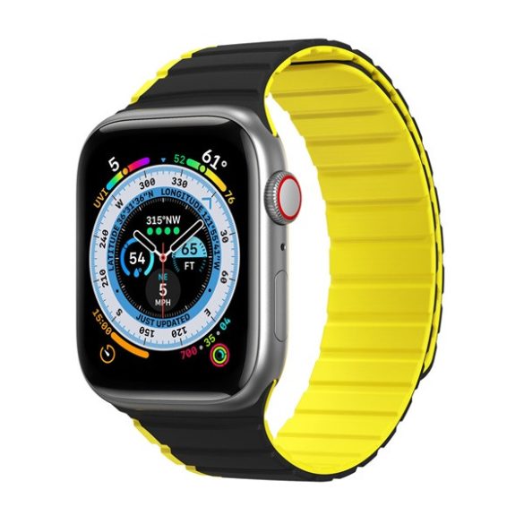 DUX DUCIS pótszíj (egyedi méret, kicsi, szilikon, 3D, mágneses) FEKETE/SÁRGA Apple Watch Series 7 41mm, Apple Watch Series 8 41mm, Apple Watch Series 4 40mm, Apple Watch Series 5 40mm, Apple Watch Series 6 40mm, Apple Watch Series SE 2 40mm, Apple