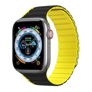 DUX DUCIS pótszíj (egyedi méret, nagy, szilikon, 3D, mágneses) FEKETE/SÁRGA Apple Watch Ultra 49mm, Apple Watch Series 7 45mm, Apple Watch Series 8 45mm, Apple Watch Series 4 44mm, Apple Watch Series 5 44mm, Apple Watch Series 6 44mm, Apple Watch