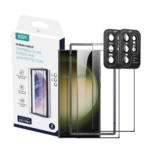 ESR képernyővédő üveg 2db (lekerekített szél, extra ütésálló, extra karcálló, 9H + 2db kameravédő üveg) ÁTLÁTSZÓ Samsung Galaxy S23 Ultra (SM-S918)