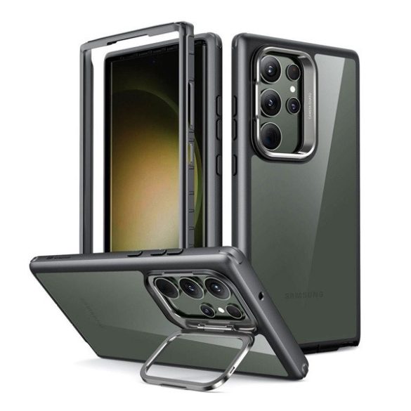 ESR SHOCK ARMOR műanyag telefonvédő (360°-os védelem, ütésálló, edzett üveg előlap, hátlap, asztali tartó) FEKETE Samsung Galaxy S23 Ultra (SM-S918)