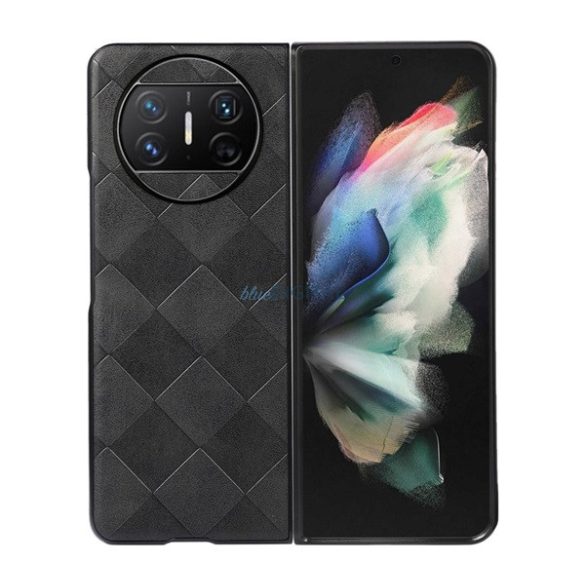 Műanyag telefonvédő (közepesen ütésálló, bőr hatású hátlap, 3D négyzet minta, prémium) FEKETE Huawei Mate X3
