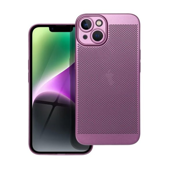 Műanyag telefonvédő (légáteresztő, lyukacsos minta, kamera védelem) LILA Apple iPhone 14