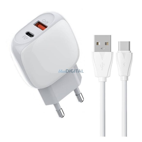 LDNIO hálózati töltő USB aljzat / Type-C aljzat (5V / 3A, 18W, PD gyorstöltés támogatás + USB - Type-C kábel) FEHÉR