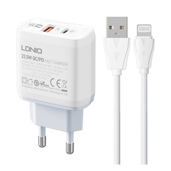 LDNIO hálózati töltő USB+Type-C aljzat (22.5W, PD gyorstöltő + lightning kábel) FEHÉR