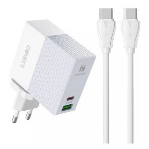 LDNIO hálózati töltő USB+Type-C aljzat (65W, PD gyorstöltő + Type-C - Type-C kábel) FEHÉR 