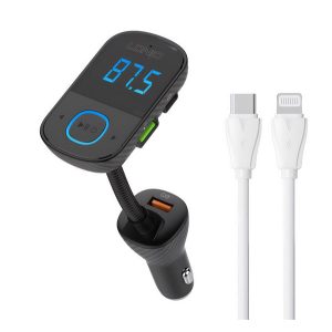 LDNIO bluetooth FM transmitter autós töltő 2 USB+Type-C aljzat (3A, 45W + Type-C - lightning kábel) FEKETE 