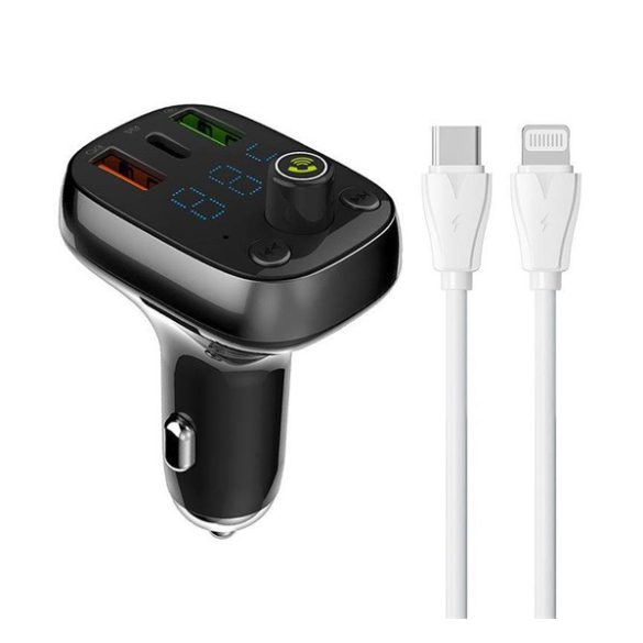 LDNIO bluetooth FM transmitter autós töltő 2 USB+Type-C aljzat (15W + Type-C - lightning kábel) FEKETE 