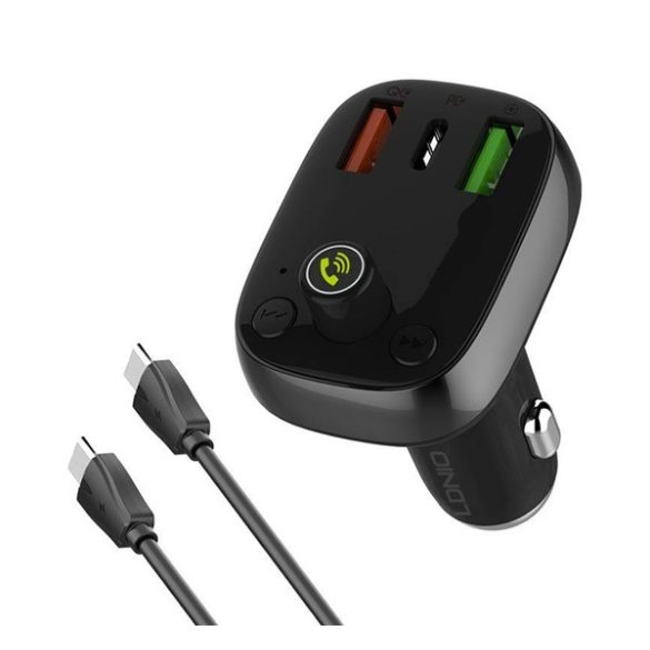 LDNIO bluetooth FM transmitter autós töltő 2 USB+Type-C aljzat (15W + Type-C - Type-C kábel) FEKETE 