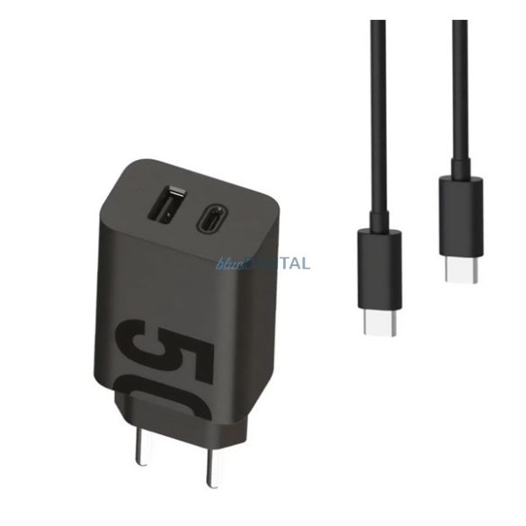 MOTOROLA TURBOPOWER hálózati töltő USB+Type-C aljzat (50W, PD gyorstöltő + Type-C kábel) FEKETE
