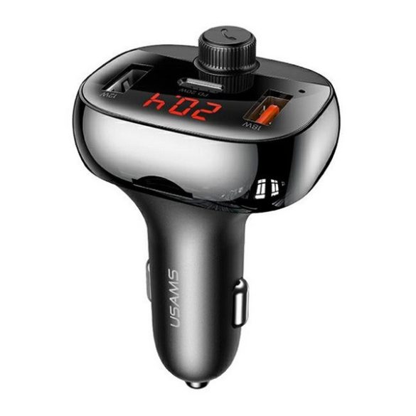 USAMS C25 bluetooth FM transmitter autós töltő 2 USB+Type-C aljzat (20W, PD gyorstöltő) FEKETE 