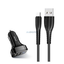   USAMS KING-TU autós töltő 2 USB aljzat (10W + Type-C kábel) FEKETE