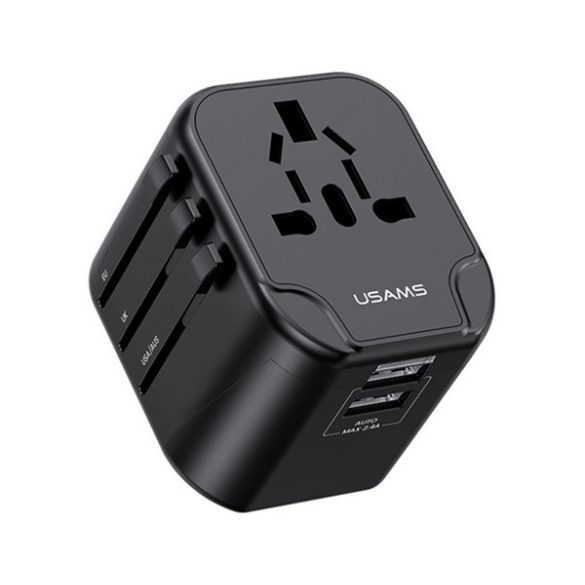 USAMS T55 utazó töltő 2 USB aljzat (12W, EU, UK, US, AU) FEKETE