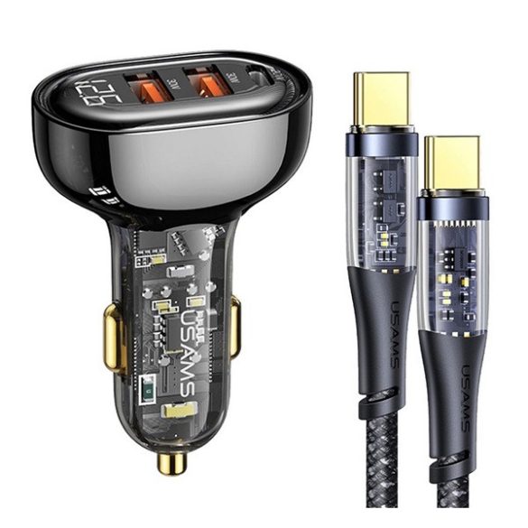 USAMS autós töltő 2 USB+Type-C aljzat (80W, gyorstöltő + Type-C kábel) FEKETE