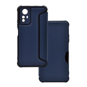 Tok álló, bőr hatású (FLIP, oldalra nyíló, légpárnás sarok, kamera védelem, karbon minta) SÖTÉTKÉK Xiaomi Redmi Note 12S