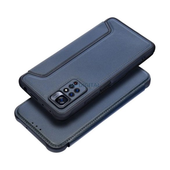Tok álló, bőr hatású (FLIP, oldalra nyíló, légpárnás sarok, kamera védelem, karbon minta) SÖTÉTKÉK Xiaomi Redmi Note 12S