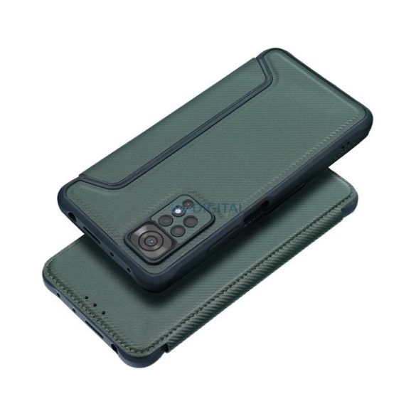 Tok álló, bőr hatású (FLIP, oldalra nyíló, légpárnás sarok, kamera védelem, karbon minta) SÖTÉTZÖLD Xiaomi Redmi Note 12S