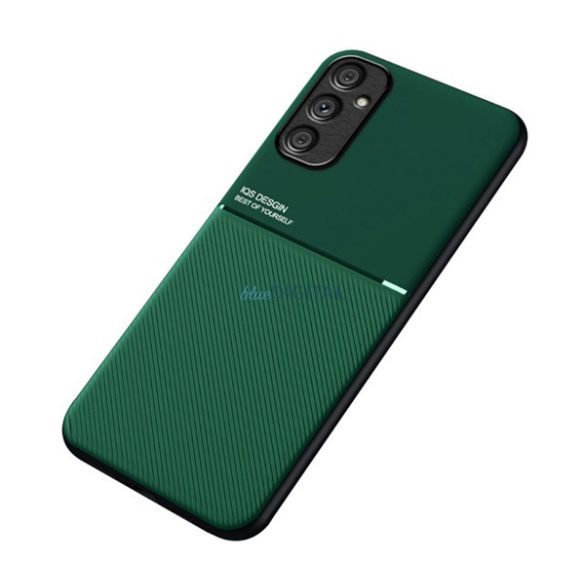Műanyag telefonvédő (szilikon keret, közepesen ütésálló, beépített fémlemez, bőr hatású hátlap, csíkos minta) SÖTÉTZÖLD Samsung Galaxy A34 5G (SM-A346)