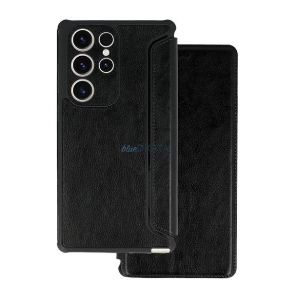 Tok álló, bőr hatású (FLIP, oldalra nyíló, légpárnás sarok, kamera védelem) FEKETE Samsung Galaxy S23 Ultra (SM-S918)