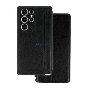 Tok álló, bőr hatású (FLIP, oldalra nyíló, légpárnás sarok, kamera védelem) FEKETE Samsung Galaxy S22 5G (SM-S901)