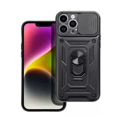   Defender műanyag telefonvédő (közepesen ütésálló, szilikon belső, telefontartó gyűrű, kamera védelem) FEKETE Apple iPhone 15
