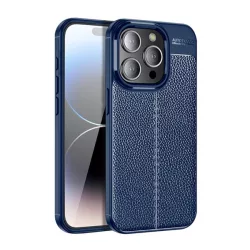   Szilikon telefonvédő (közepesen ütésálló, bőr hatású, varrás minta) SÖTÉTKÉK Apple iPhone 15 Pro