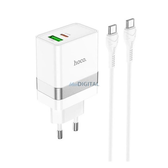 HOCO N21 hálózati töltő USB+Type-C aljzat (30W, PD gyorstöltő 3.0 + Type-C kábel) FEHÉR