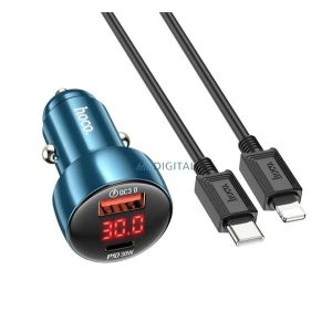 HOCO Z50 autós töltő USB+Type-C aljzat (48W, PD gyorstöltő 3.0, LED kijelző + lightning kábel) SÖTÉTKÉK