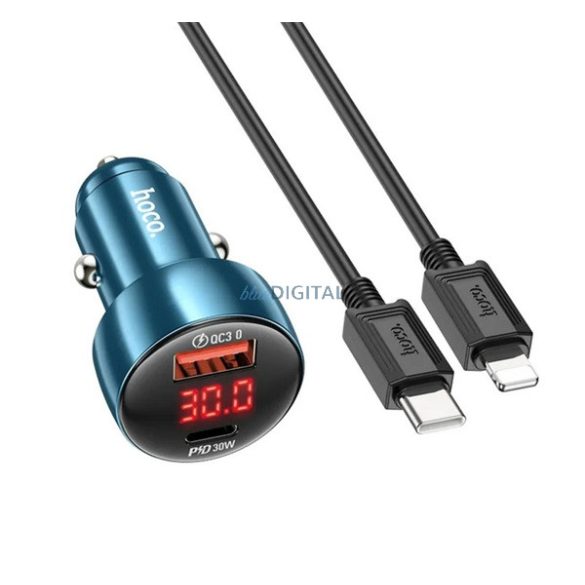 HOCO Z50 autós töltő USB+Type-C aljzat (48W, PD gyorstöltő 3.0, LED kijelző + lightning kábel) SÖTÉTKÉK