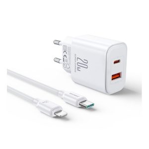 JOYROOM hálózati töltő USB+Type-C aljzat (20W, PD gyorstöltő + lightning kábel) FEHÉR