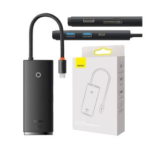 BASEUS OS LITE Type-C HUB 6in1 (aktív, 2 USB+Type-C+HDMI aljzat, TF/SD kártyaolvasó, PD gyorstöltő) FEKETE