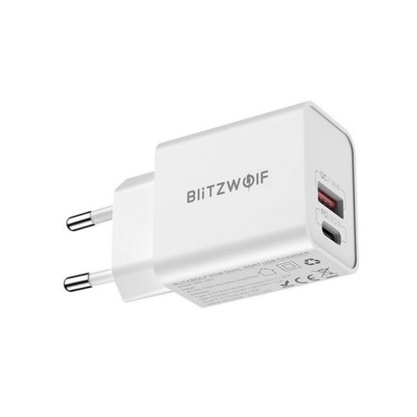 BLITZWOLF hálózati töltő USB+Type-C aljzat (15W, PD gyorstöltő 3.0) FEHÉR