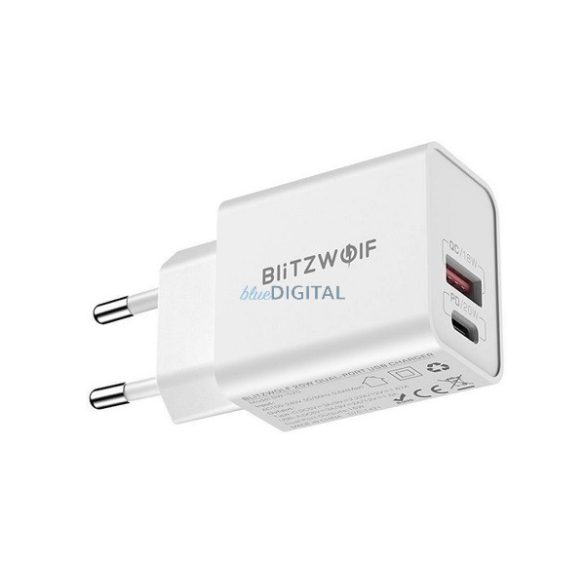 BLITZWOLF hálózati töltő USB+Type-C aljzat (15W, PD gyorstöltő 3.0) FEHÉR
