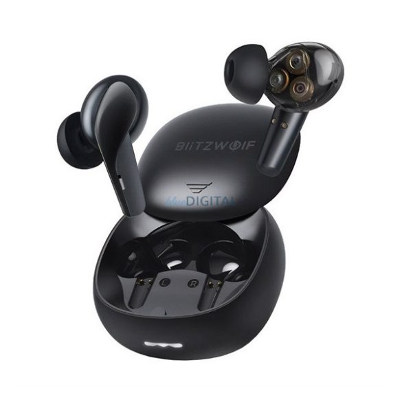 BLITZWOLF bluetooth fülhallgató SZTEREO (v5.0, TWS, mikrofon, IPX5 vízálló + töltőtok) FEKETE