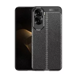   Szilikon telefonvédő (közepesen ütésálló, bőr hatású, varrás minta) FEKETE Honor 90 Lite 5G