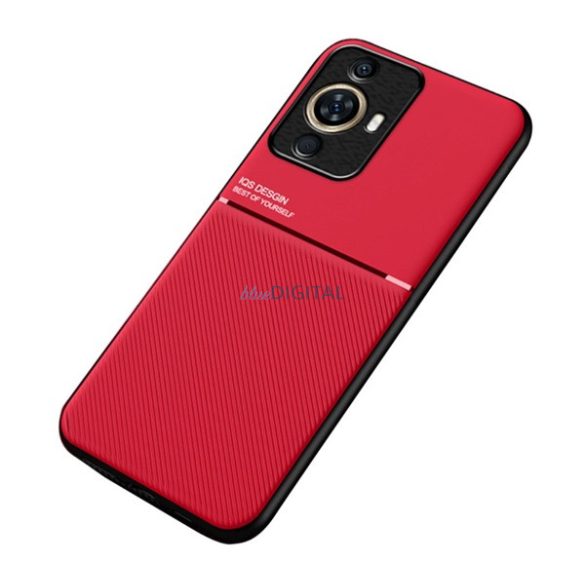 Műanyag telefonvédő (szilikon keret, közepesen ütésálló, beépített fémlemez, bőr hatású hátlap, csíkos minta) PIROS Huawei Nova 11 Pro