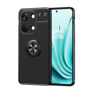 Szilikon telefonvédő (asztali tartó funkció, telefontartó gyűrű, 360°-ban forgatható, beépített fémlemez) FEKETE OnePlus Nord 3 5G