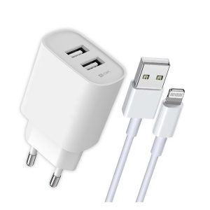 4-OK hálózati töltő 2 USB aljzat (12W, gyorstöltő + lightning kábel) FEHÉR 