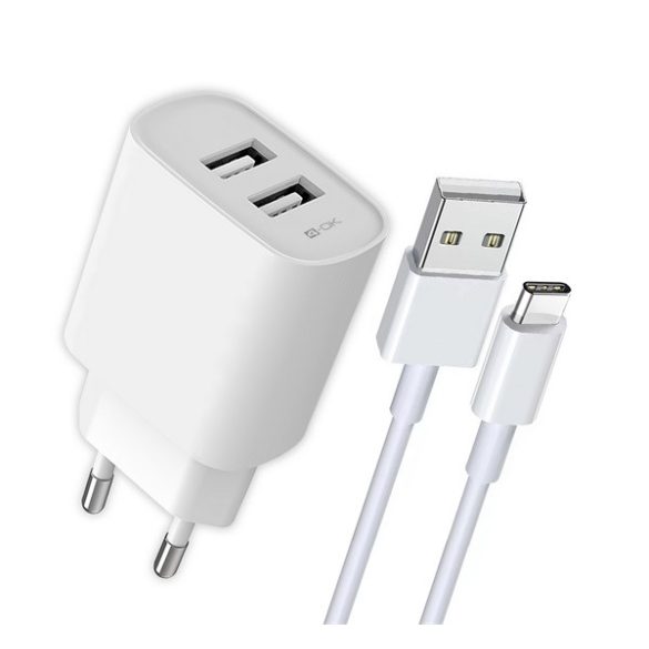 4-OK hálózati töltő 2 USB aljzat (10W, gyorstöltő + Type-C kábel) FEHÉR