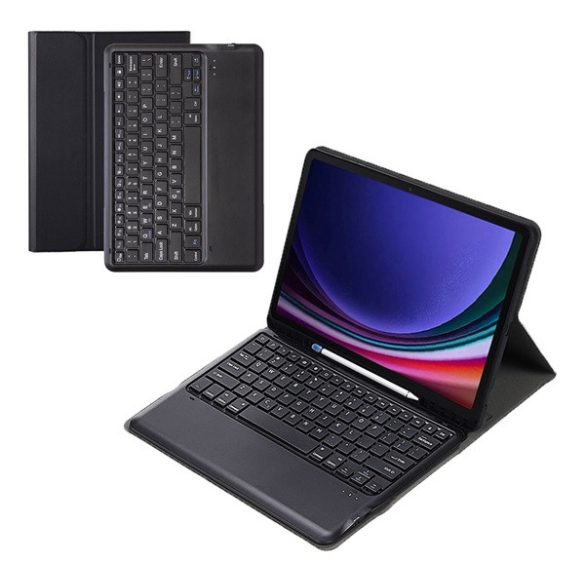 Tok álló, bőr hatású (FLIP, bluetooth billentyűzet, asztali tartó, QWERTY, angol nyelvű, ceruza tartó) FEKETE Samsung Galaxy Tab S9 Plus WIFI (SM-X810), Samsung Galaxy Tab S9 Plus LTE (SM-X816)