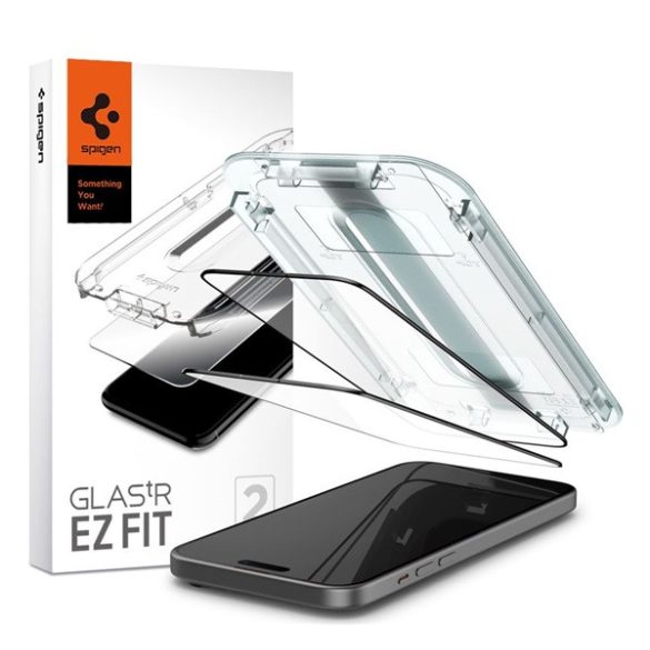 SPIGEN EZ FIT HD képernyővédő üveg 2db (2.5D, tokbarát, ultravékony, 0.2mm, 9H + segédkeret) FEKETE Apple iPhone 15