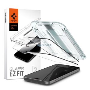 SPIGEN EZ FIT HD képernyővédő üveg 2db (2.5D, tokbarát, ultravékony, 0.2mm, 9H + segédkeret) FEKETE Apple iPhone 15 Plus